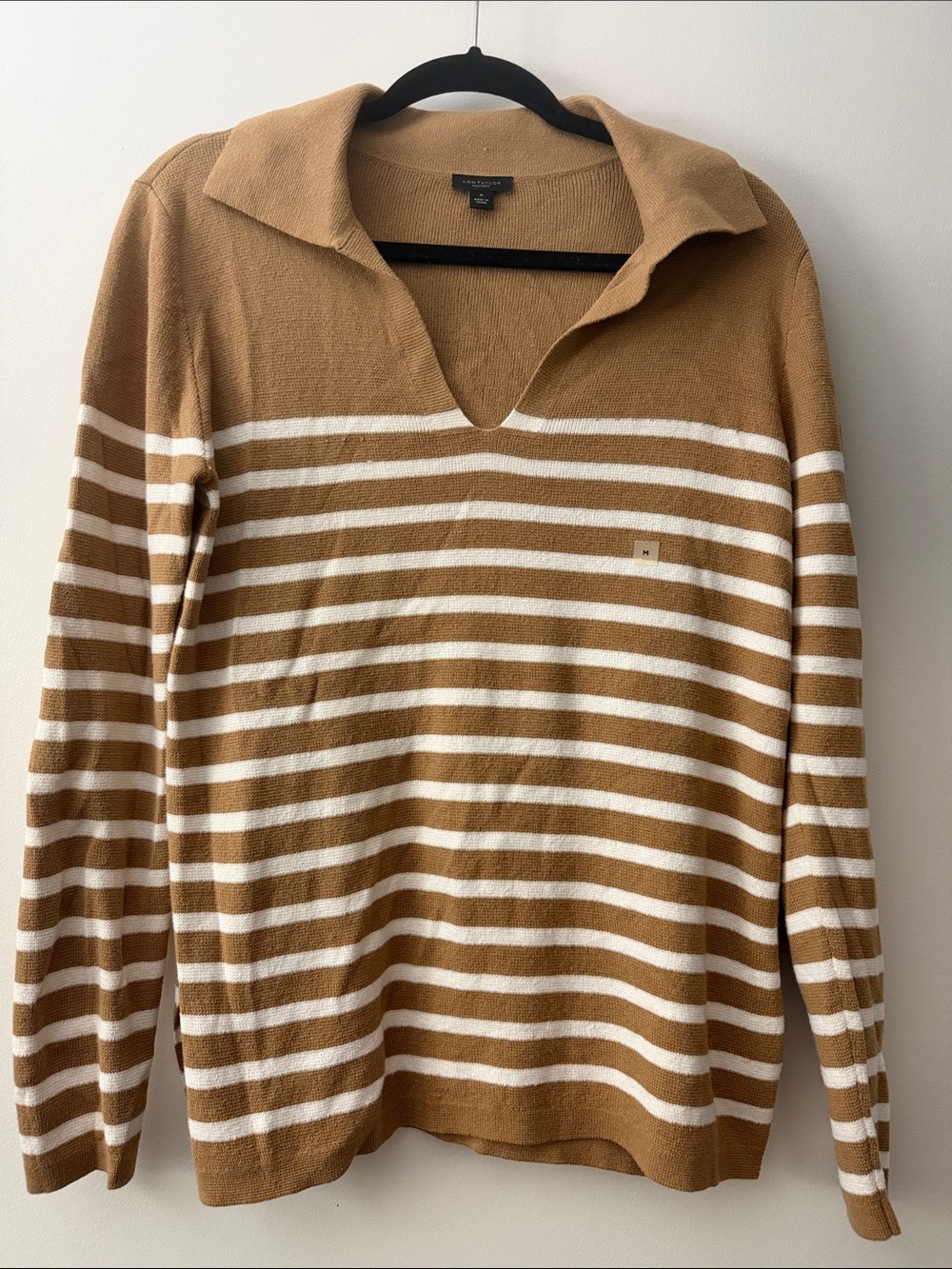 Ann Taylor Factory Tan and White Striped V‑Neck Sweater